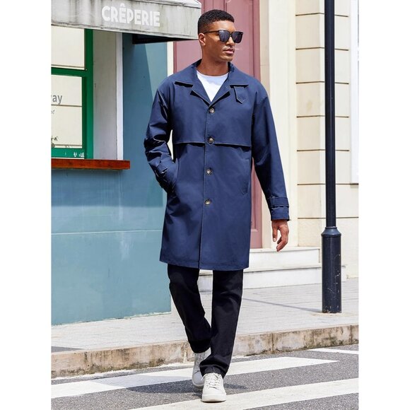💫 Men Blue Mid Long Trench Coat Single Breasted Slim Fit Casual Fall Jackets - Picture 4 of 5